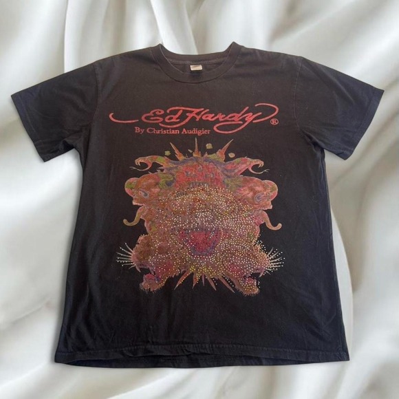 Ed Hardy Tops - Y2K vintage Ed Hardy lion graphic rhinestone babytee short sleeve top grunge emo